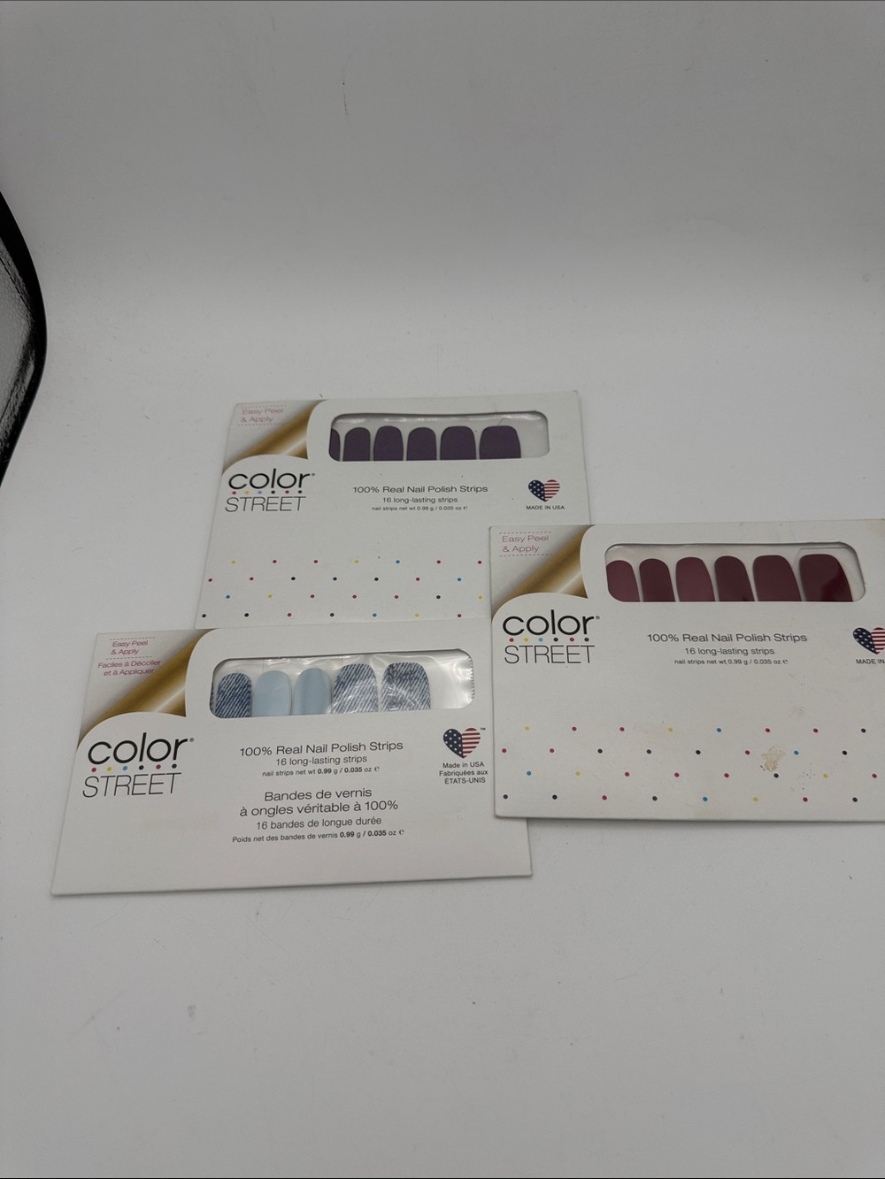 Color Street Nail Strips lot of 3 Blue Jean Baby, Cosmic Cloud, Venetian Velvet